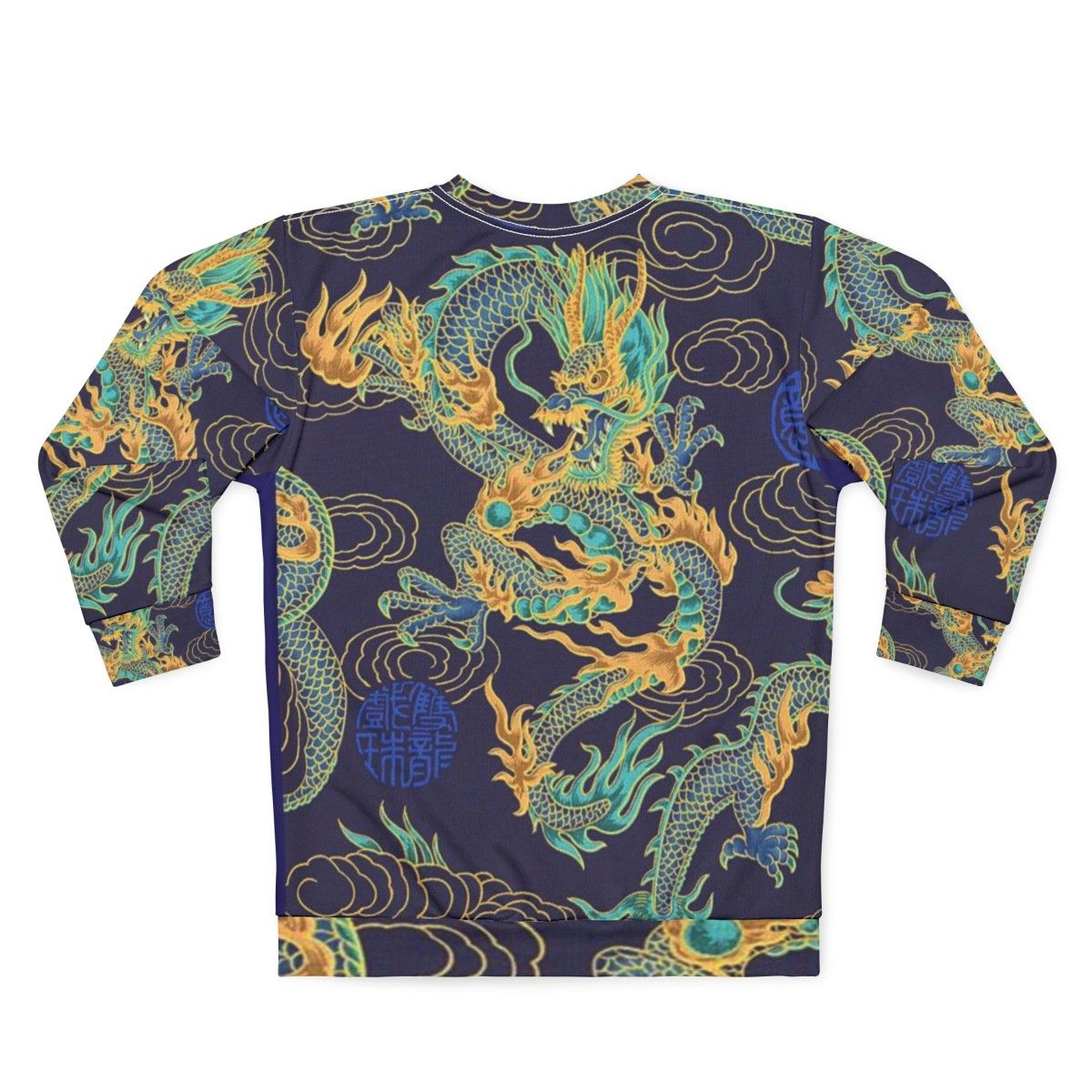 Gilded dragon design on a blue sweatshirt - Back