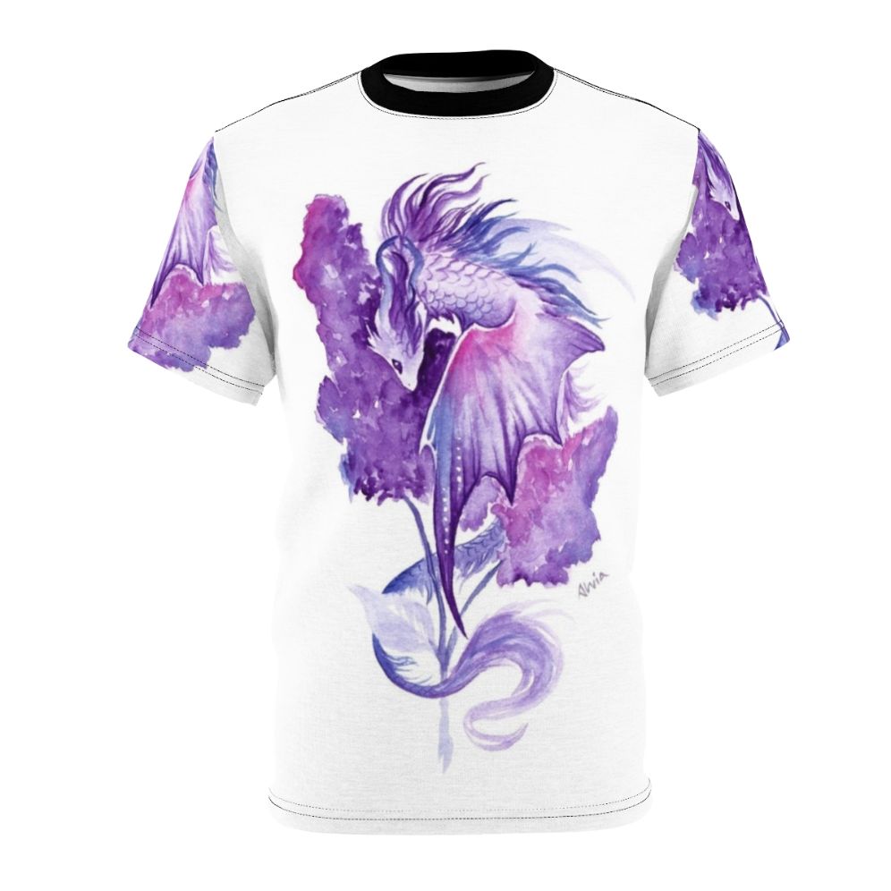 Watercolor illustration of a lilac flower dragon on a t-shirt