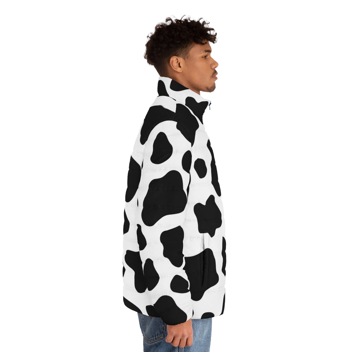 Cow spots pattern puffer jacket with black and white cow print design - men side right