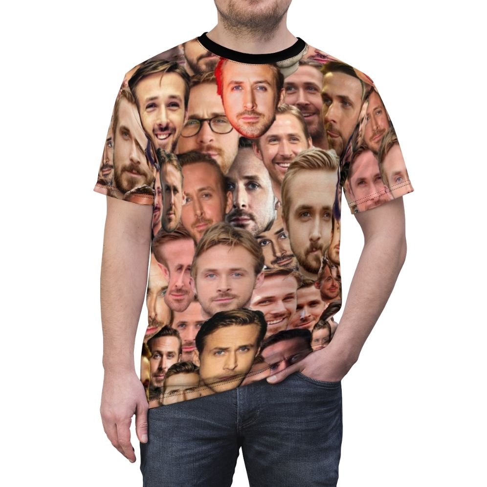 Fashionable AOP T-shirt featuring an artistic design of actor Ryan Gosling's face and head - men front