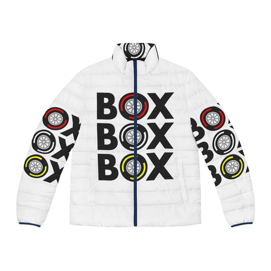 Formula 1 inspired puffer jacket with tyre compound graphics