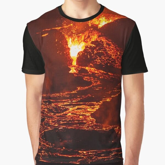 Graphic t-shirt featuring a lava crater flow at night in Iceland on April 20th, 2021