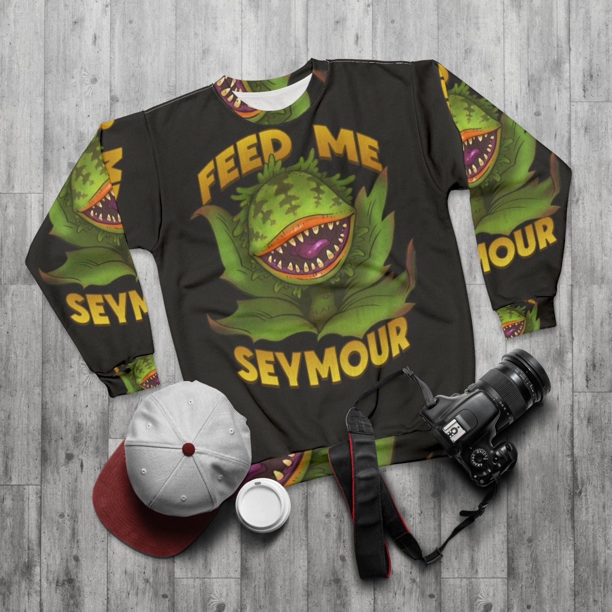 Big Bad Mother Sweatshirt featuring Audrey II from Little Shop of Horrors - flat lay