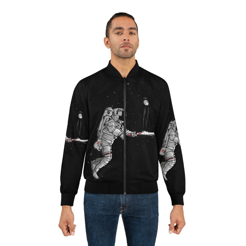 Space Cricket Bomber Jacket with graphic design of cricket player in space suit exploring the galaxy - Lifestyle