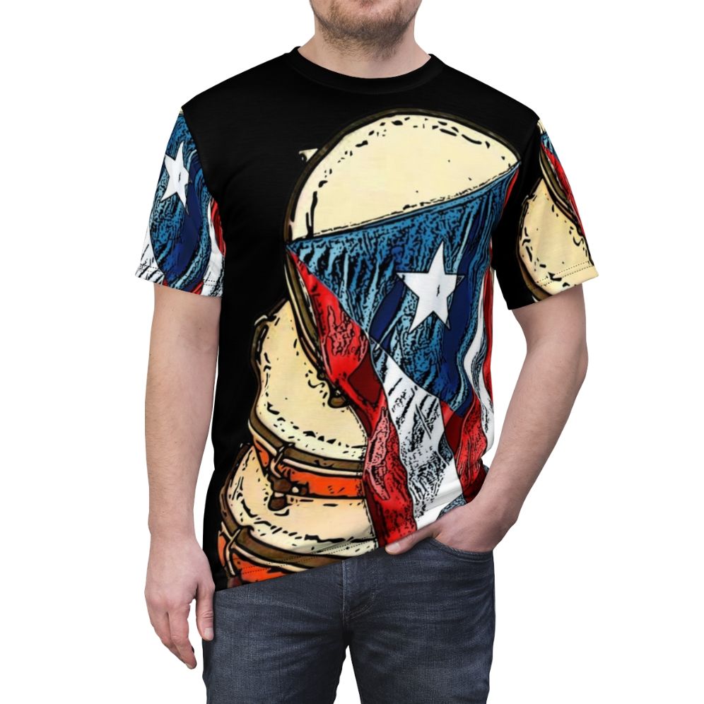 Vibrant t-shirt featuring pleneras, the traditional Puerto Rican musical instruments, and the Puerto Rican flag - men front