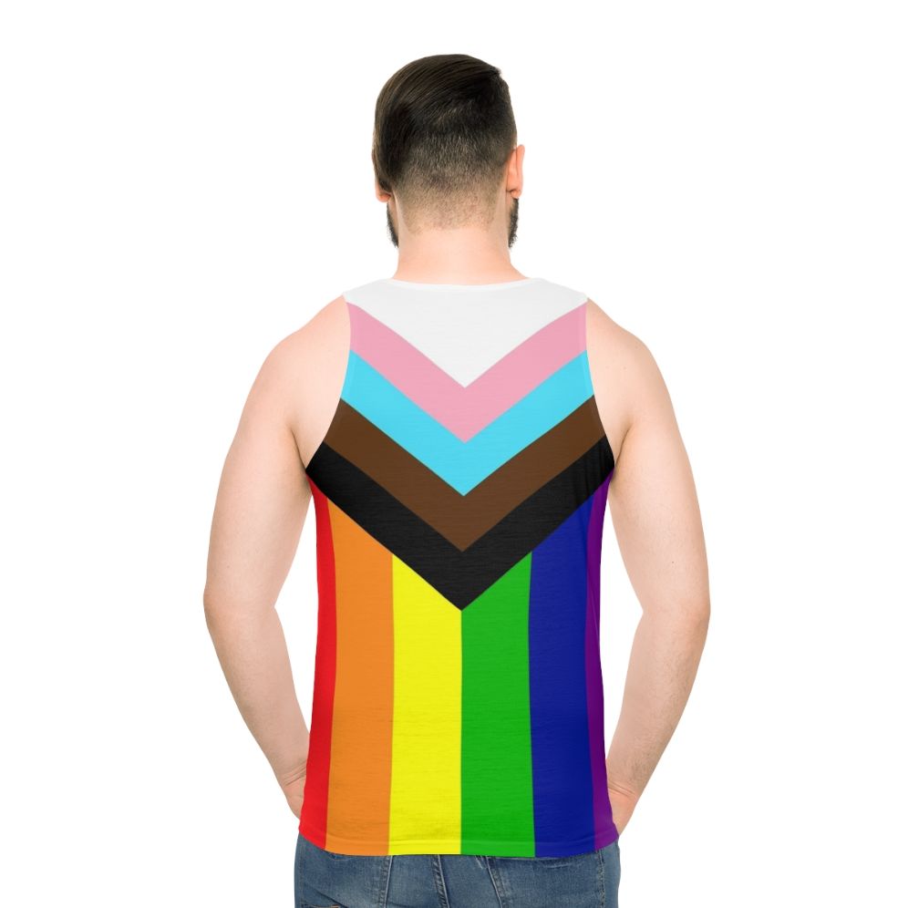 Unisex tank top with progressive rainbow pride flag - men back