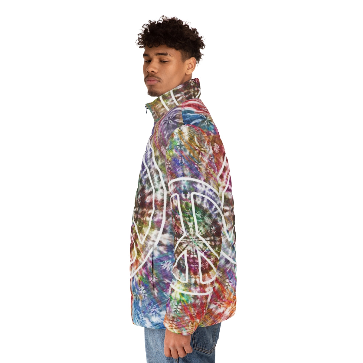 Vibrant retro tie-dye puffer jacket with peace sign and psychedelic design - men side left