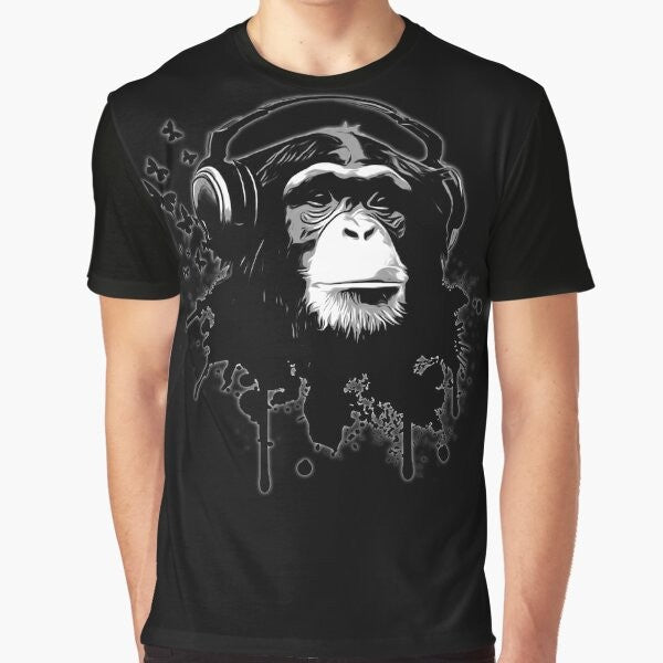 A black t-shirt featuring a cool monkey/chimpanzee graphic in an urban graffiti-style design.