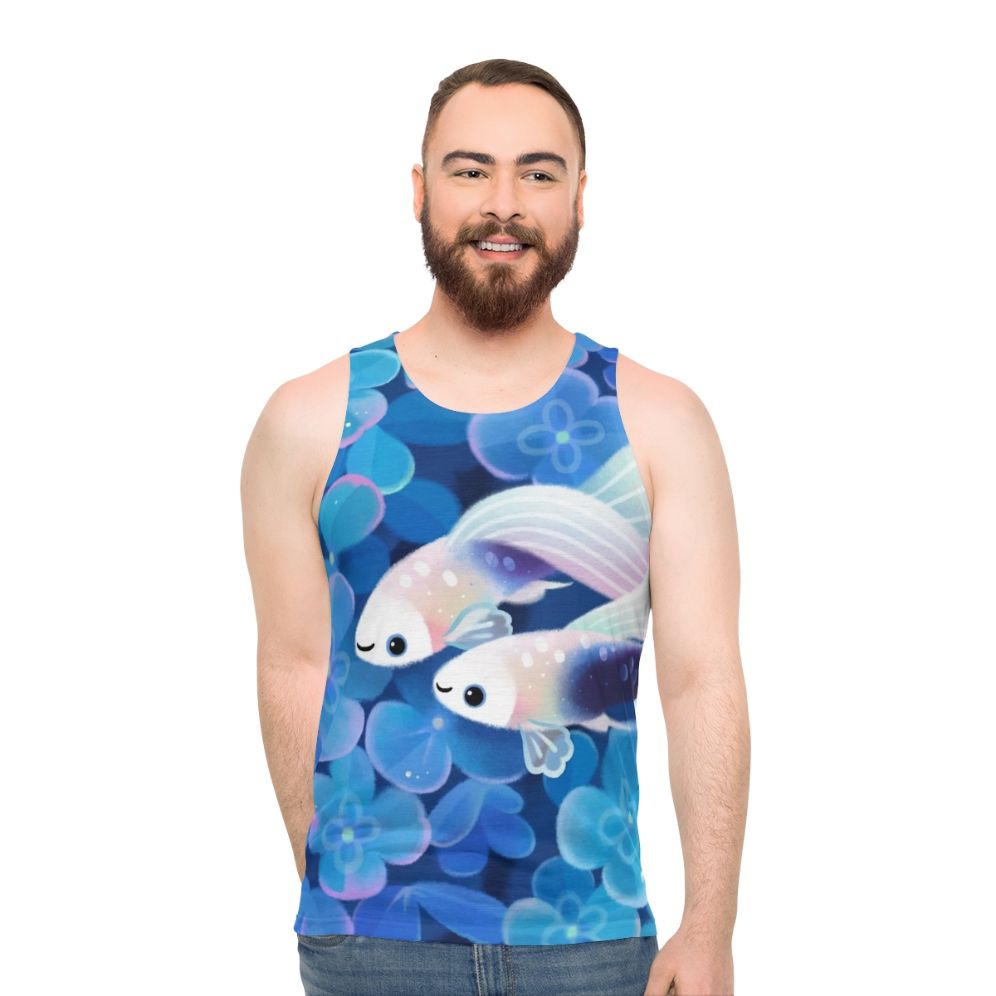 Unisex tuxedo guppy tank top with blue hydrangea floral design - men