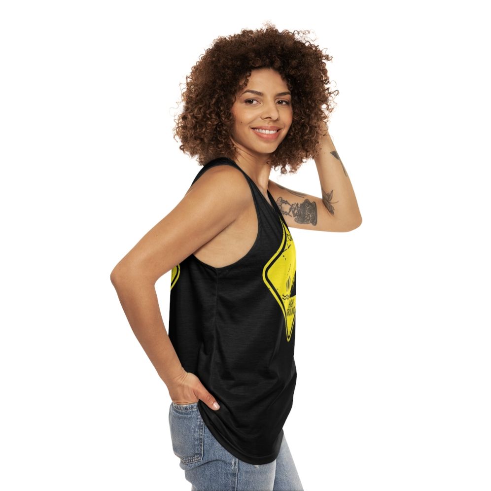 Unisex tank top with 'Caution High Ground' stick figure design - women side