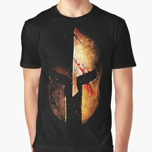 Spartan V.II Dark Art Graphic T-Shirt featuring a trending 300 movie-inspired warrior design with blood, drips, and splatter elements.