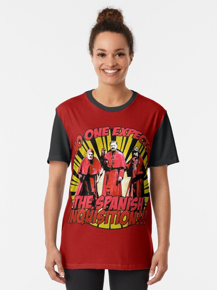 Graphic t-shirt featuring "No One Expects the Spanish Inquisition" design, a popular Monty Python comedy reference. - Women