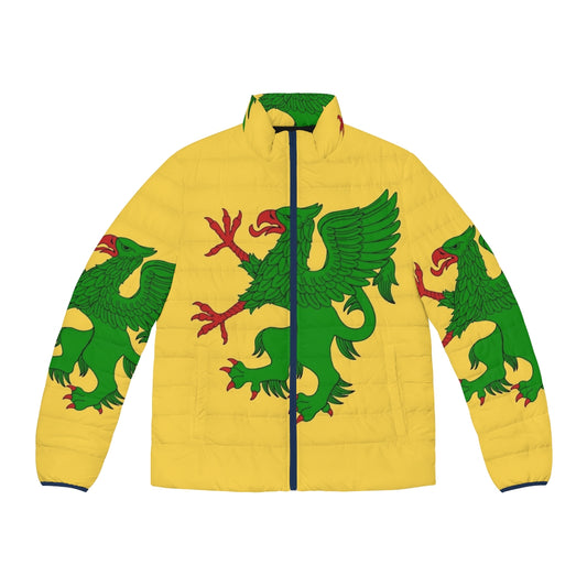 Green puffer jacket with a heraldic griffin design