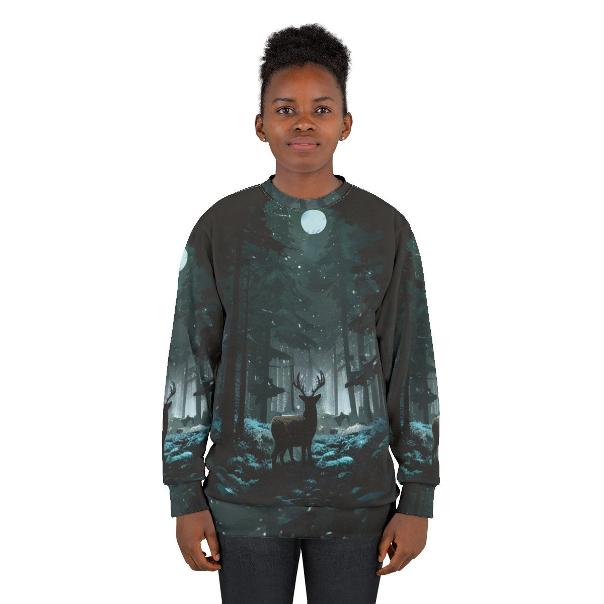 Cozy winter woods deer sweatshirt with snowy landscape and moonlight - women