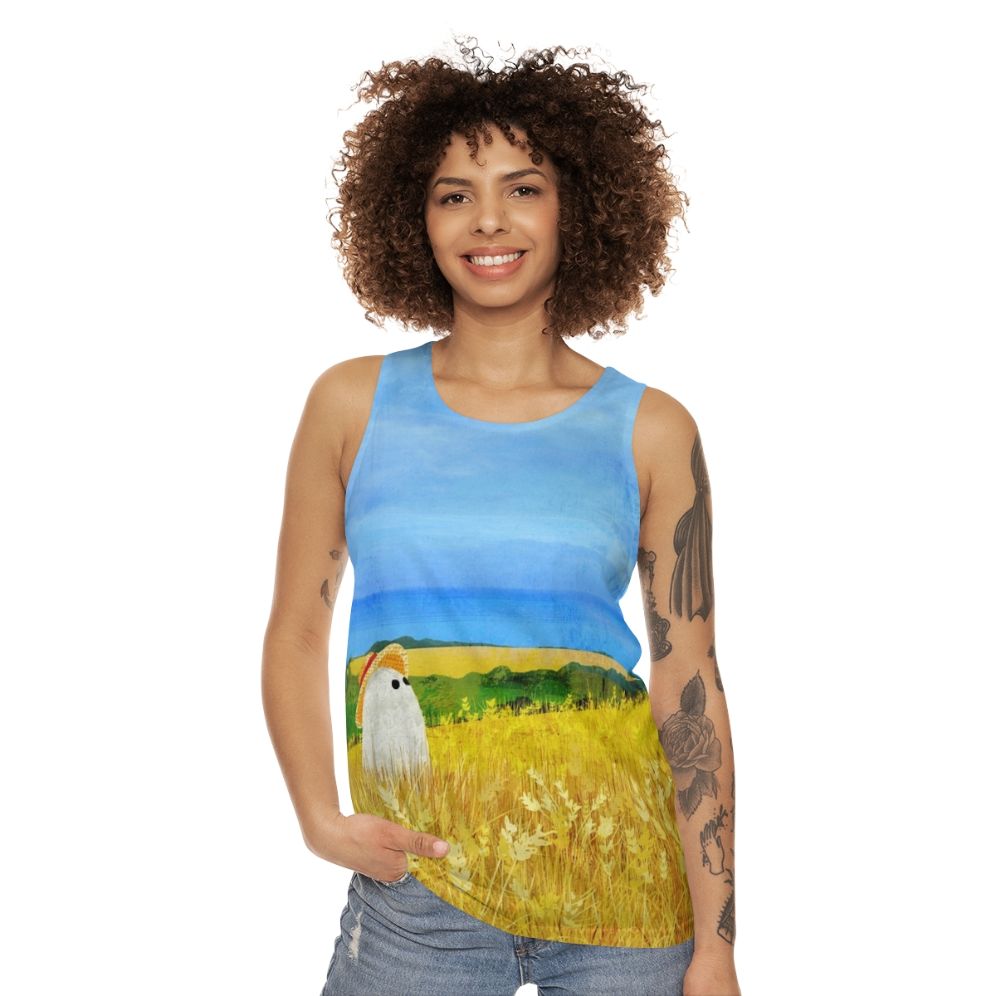 Unisex tank top with a ghost in a wheat field design - women