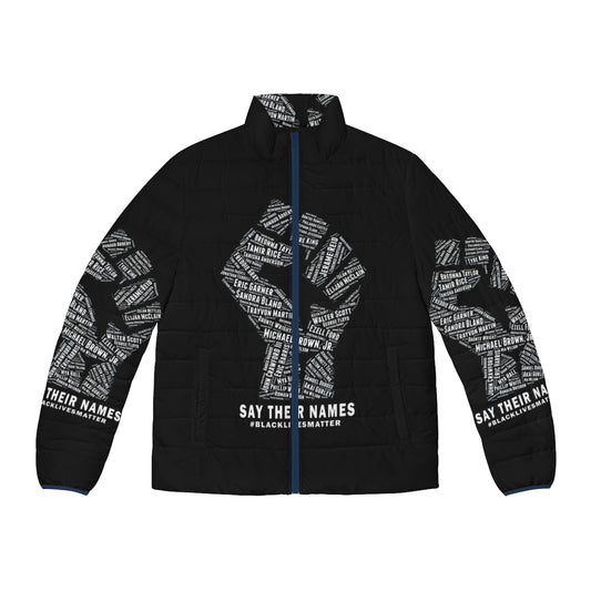 Black Lives Matter puffer jacket with protest fist logo