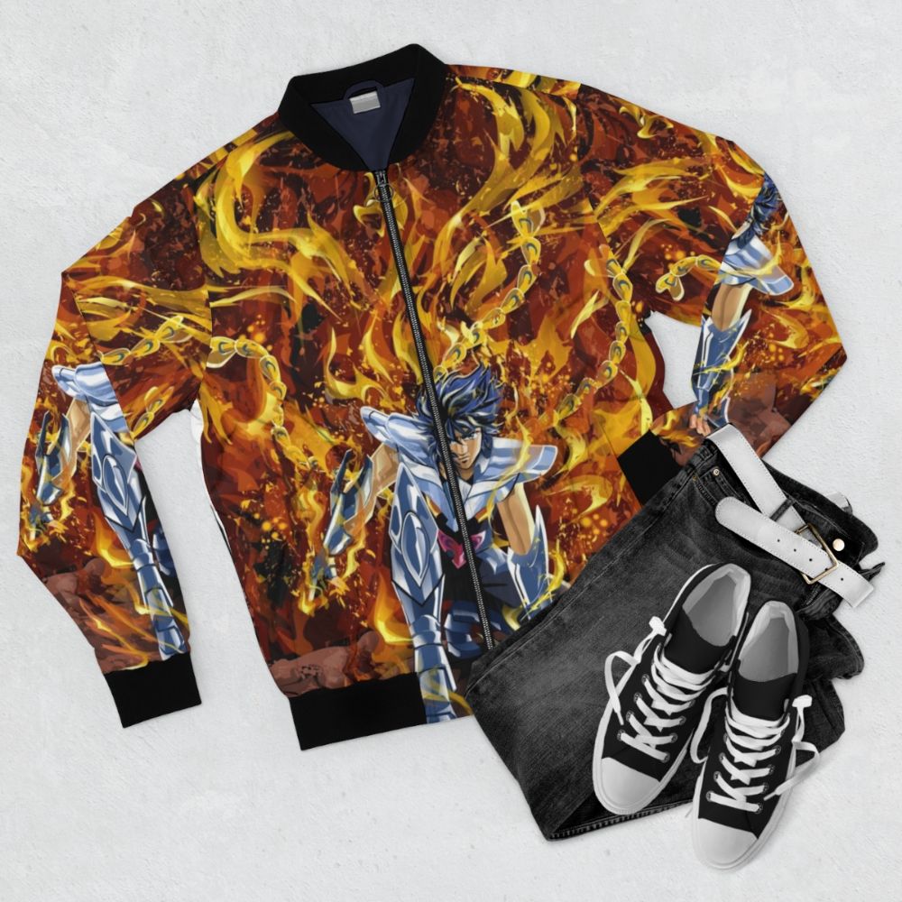 Ikki the Phoenix Bomber Jacket featuring a fiery bird design - Flat lay