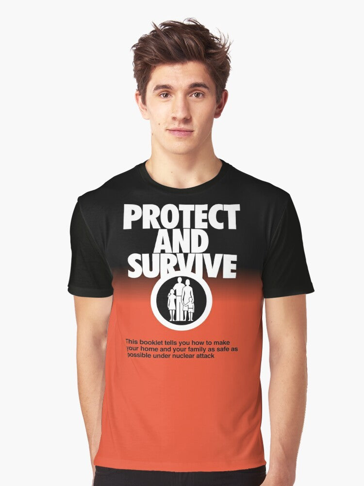 Graphic t-shirt with "Protect and Survive" design depicting nuclear fallout and radiation symbols - Men