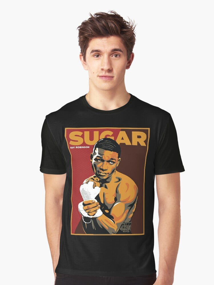 Sugar Ray Robinson, one of the greatest boxers of all time, featured on a graphic t-shirt design. - Men