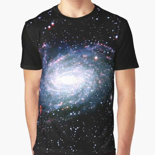 Cosmic location graphic t-shirt featuring a map of the galaxy and milky way stars