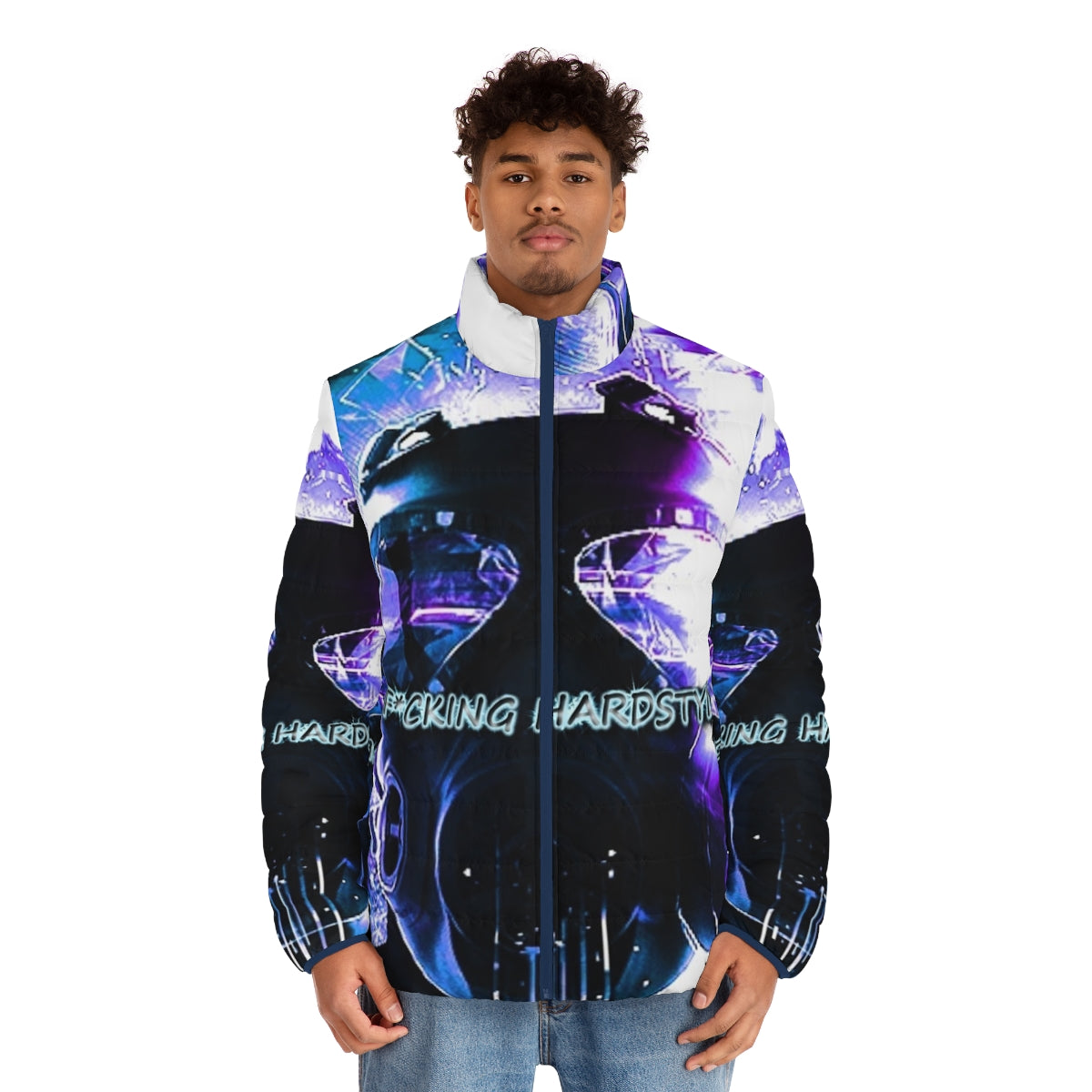 Hardstyle puffer jacket with electronic music and festival inspired design - men front