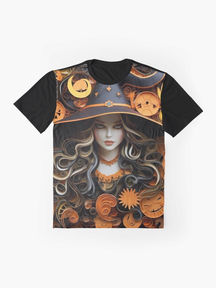 Colorful paper quilling Halloween witch art graphic t-shirt design - Flat lay