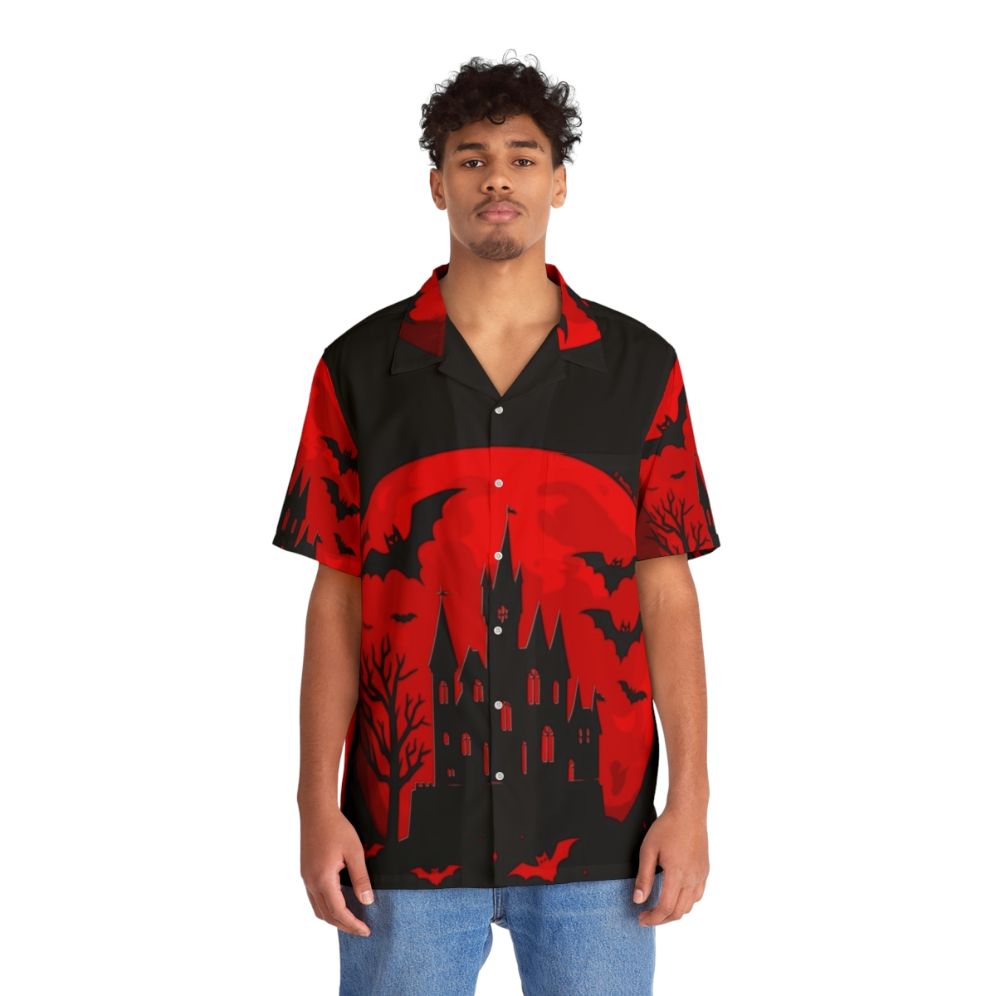 Castlevania inspired minimalist Hawaiian shirt with red castle design - People Front