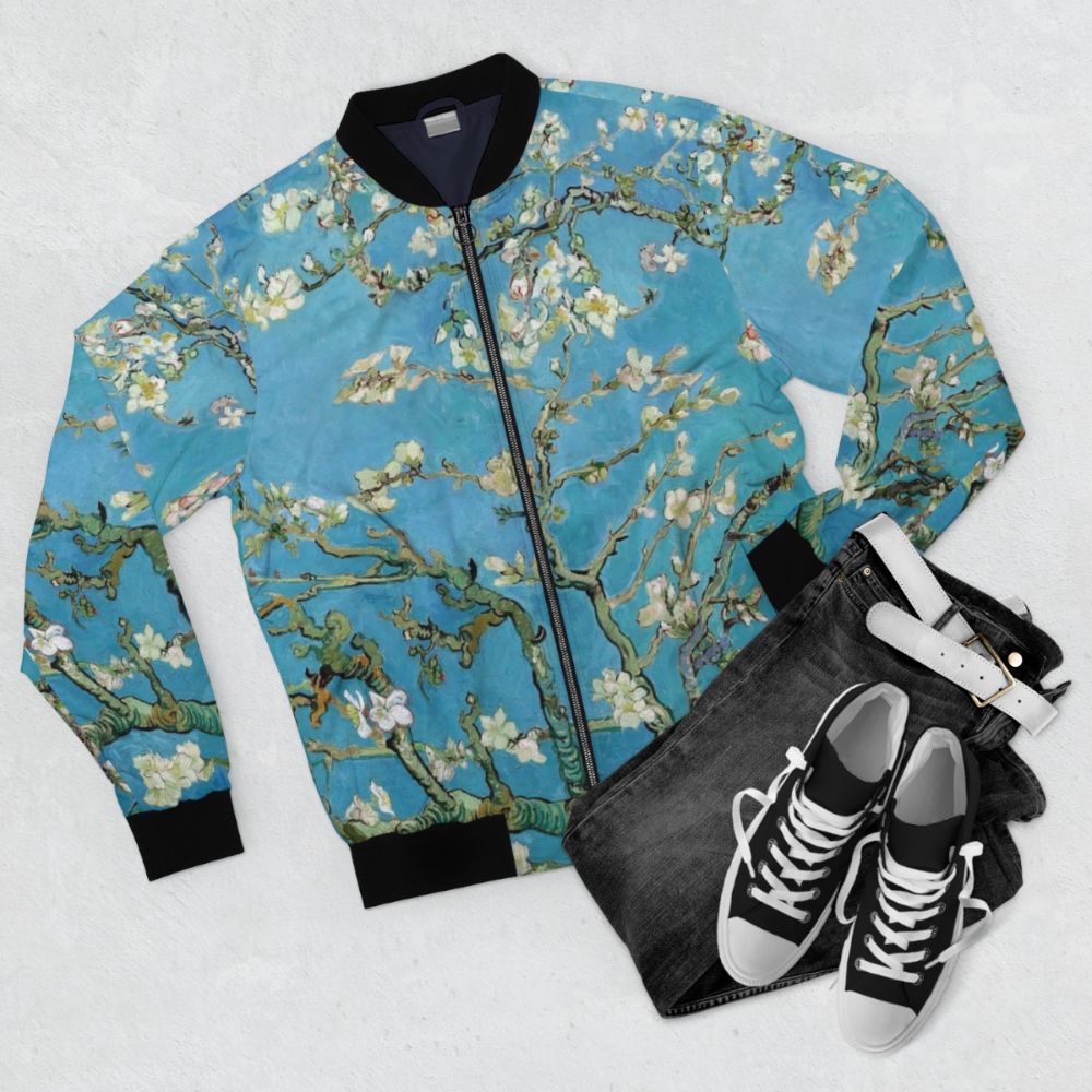 Almond Blossom bomber jacket featuring the iconic impressionist painting by Vincent van Gogh - Flat lay