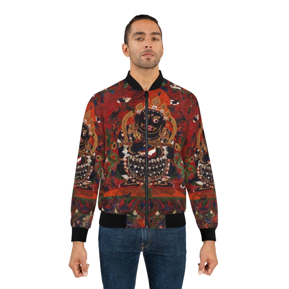 Mahakala, the Protector of the Tent, featured in a traditional Tibetan Buddhist artwork design on a bomber jacket. - Lifestyle