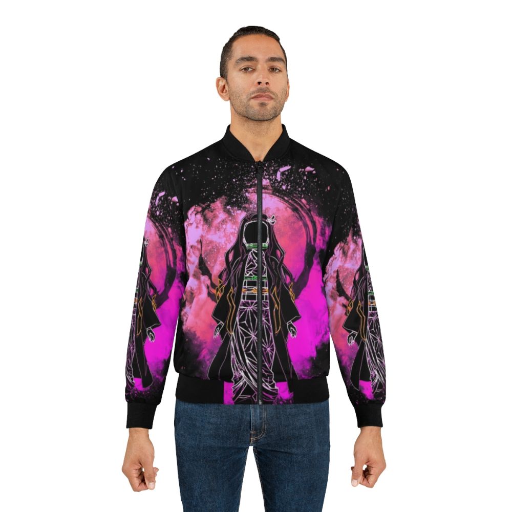 Demon Slayer inspired anime bomber jacket with colorful abstract silhouette design - Lifestyle