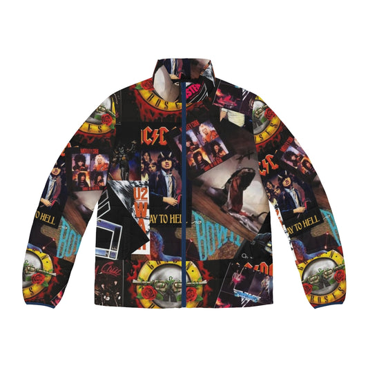 Colorful collage puffer jacket featuring 1980s rock band logos and album covers