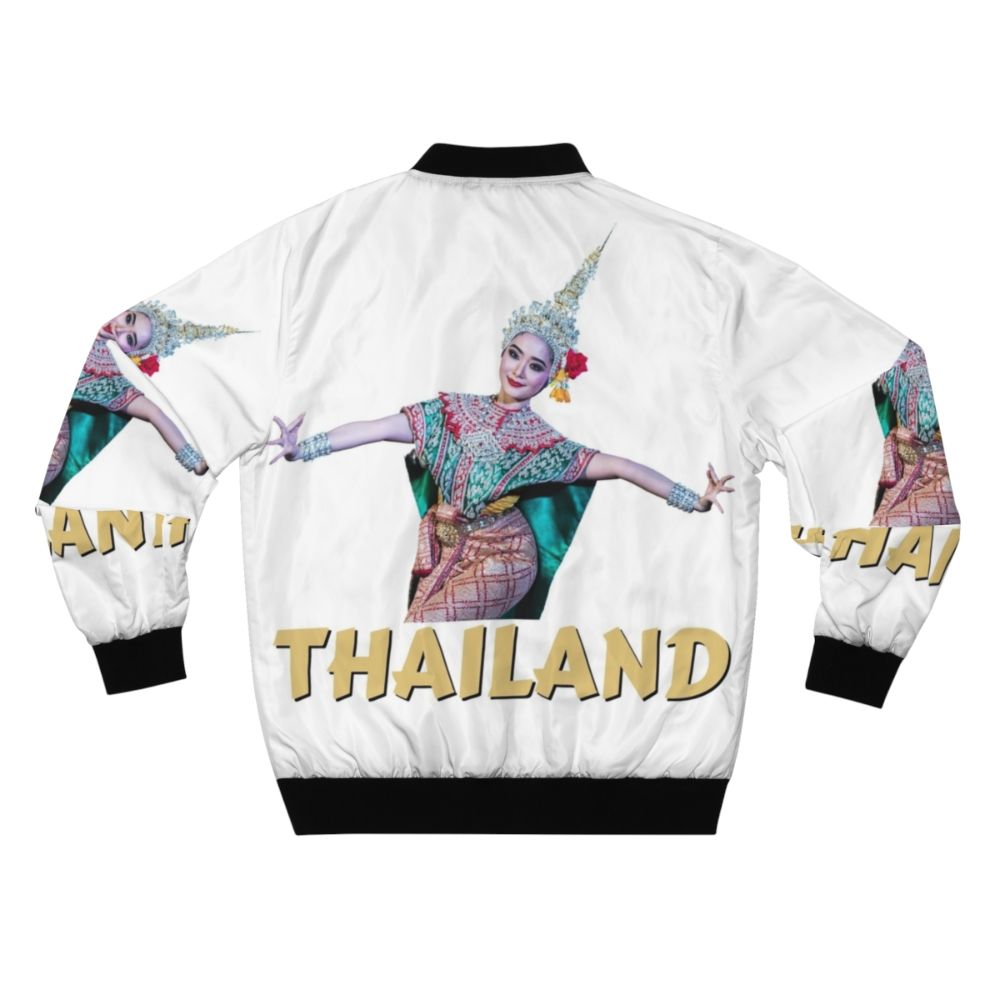 A bomber jacket featuring a traditional Thai dance design with graceful dancers and cultural elements. - Back