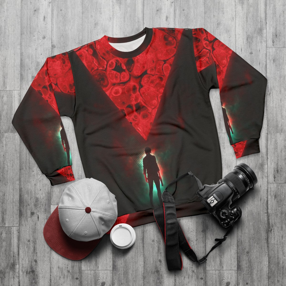 Retro Control Sweatshirt with cyberpunk and futuristic gaming design - flat lay