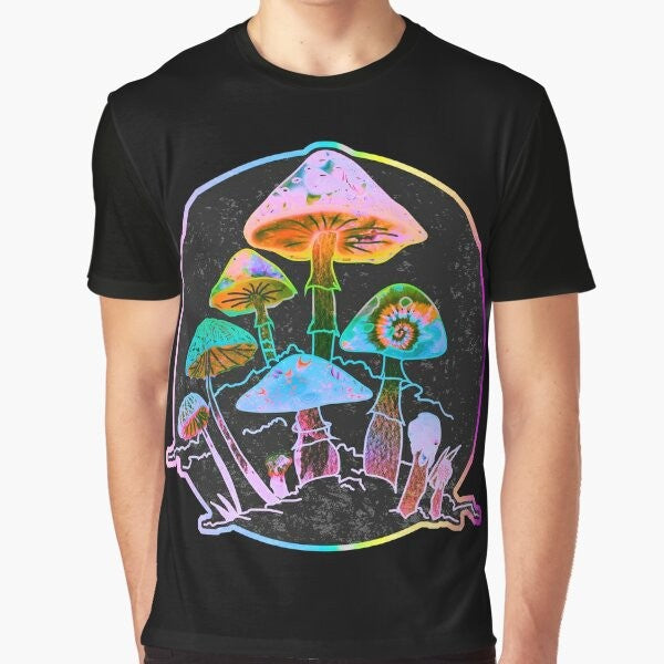 Colorful, trippy graphic t-shirt featuring a psychedelic mushroom galaxy design