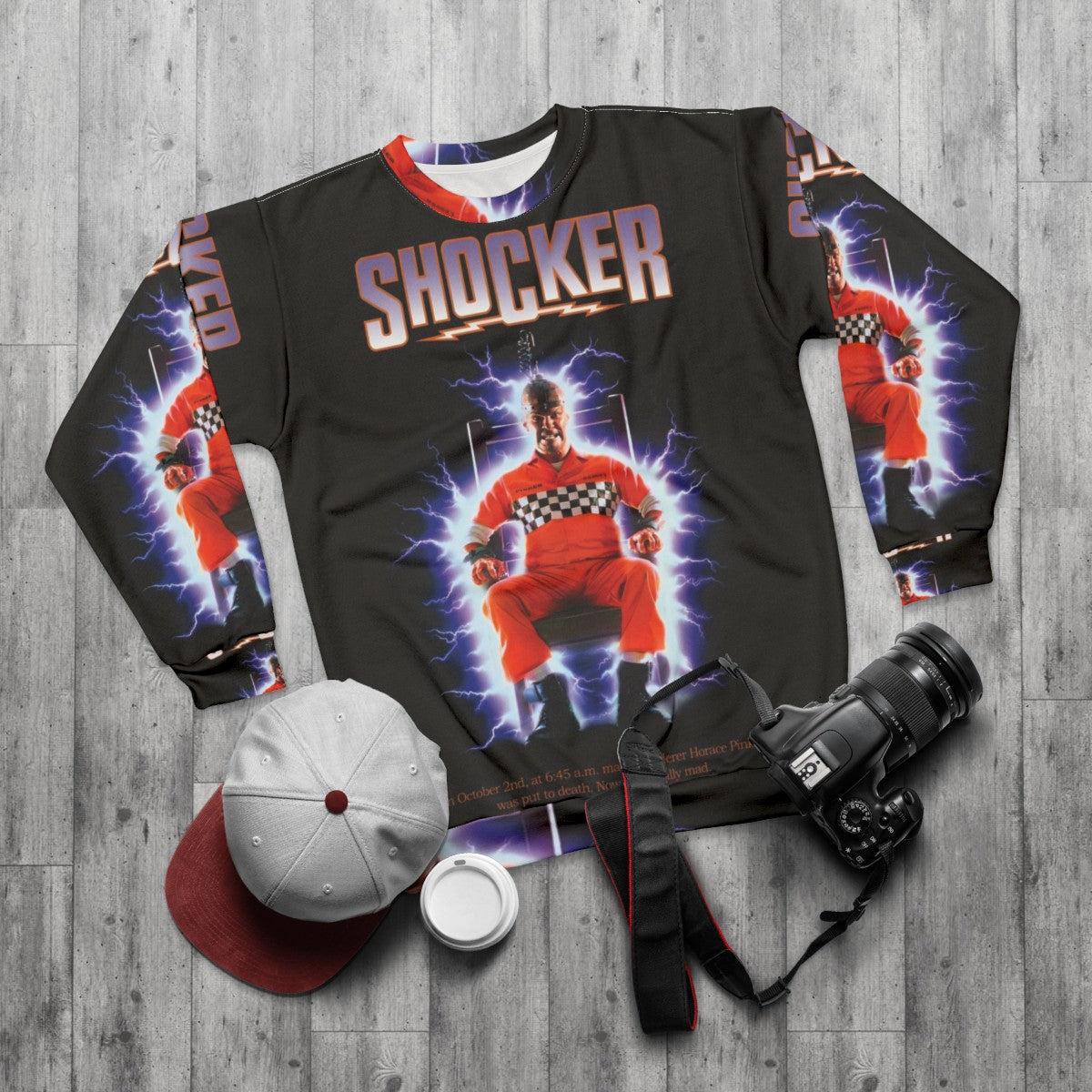 Shocker horror movie sweatshirt with retro 80s slasher design - flat lay