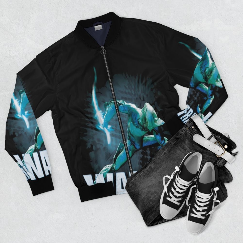 Warframe-themed bomber jacket with game characters and logos - Flat lay