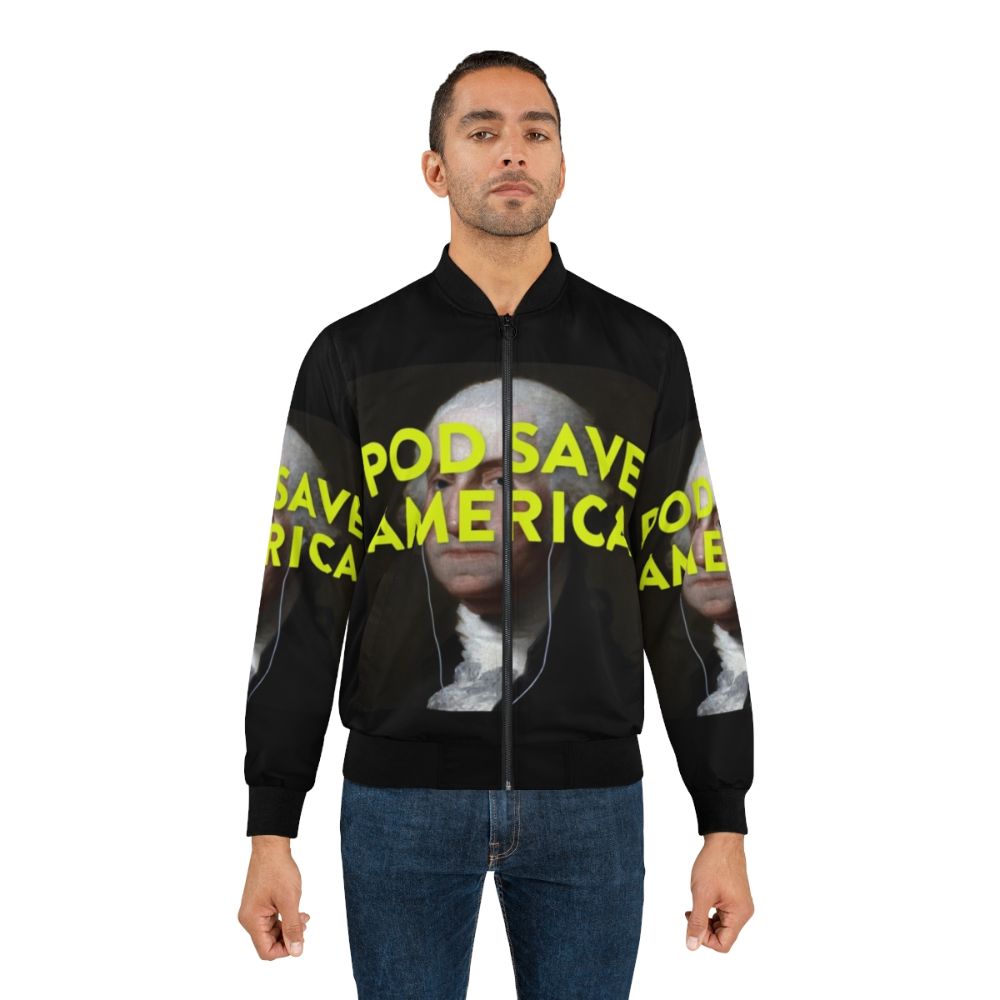 "Pod Save America logo bomber jacket with George Washington design" - Lifestyle