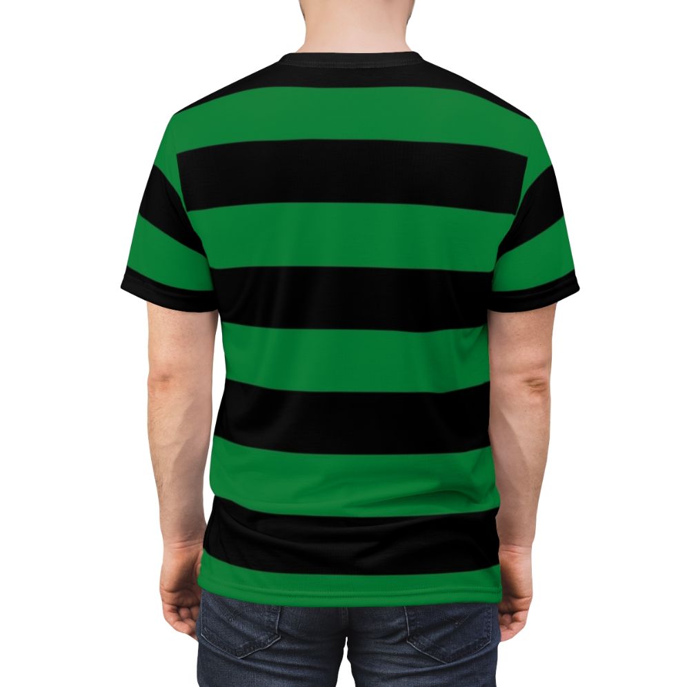 Stylish green and striped t-shirt with a unique horizontal stripe pattern design - men back