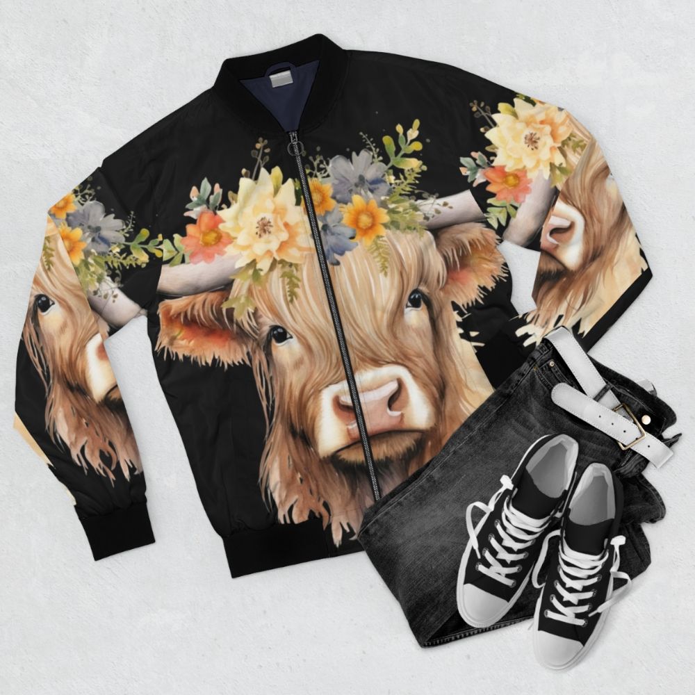 Cute highland baby cow wearing a bomber jacket with flowers - Flat lay