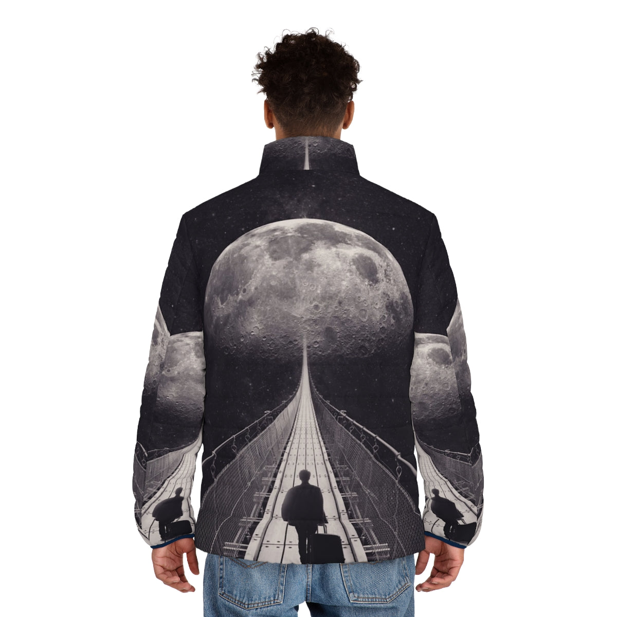 Stylish puffer jacket with moon and star design, perfect for space travel - men back