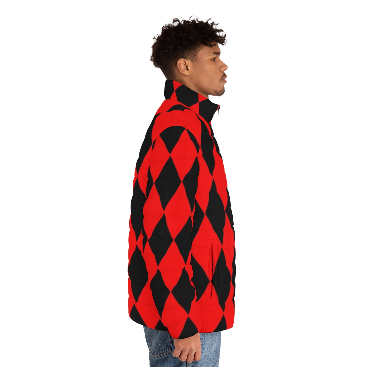 Red and black diamond patterned puffer jacket - men side right