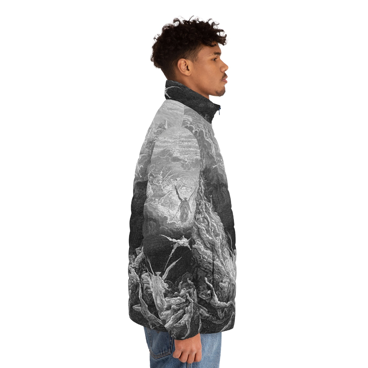 Puffer jacket featuring Gustave Doré's famous religious illustration 'The Last Judgement' - men side right