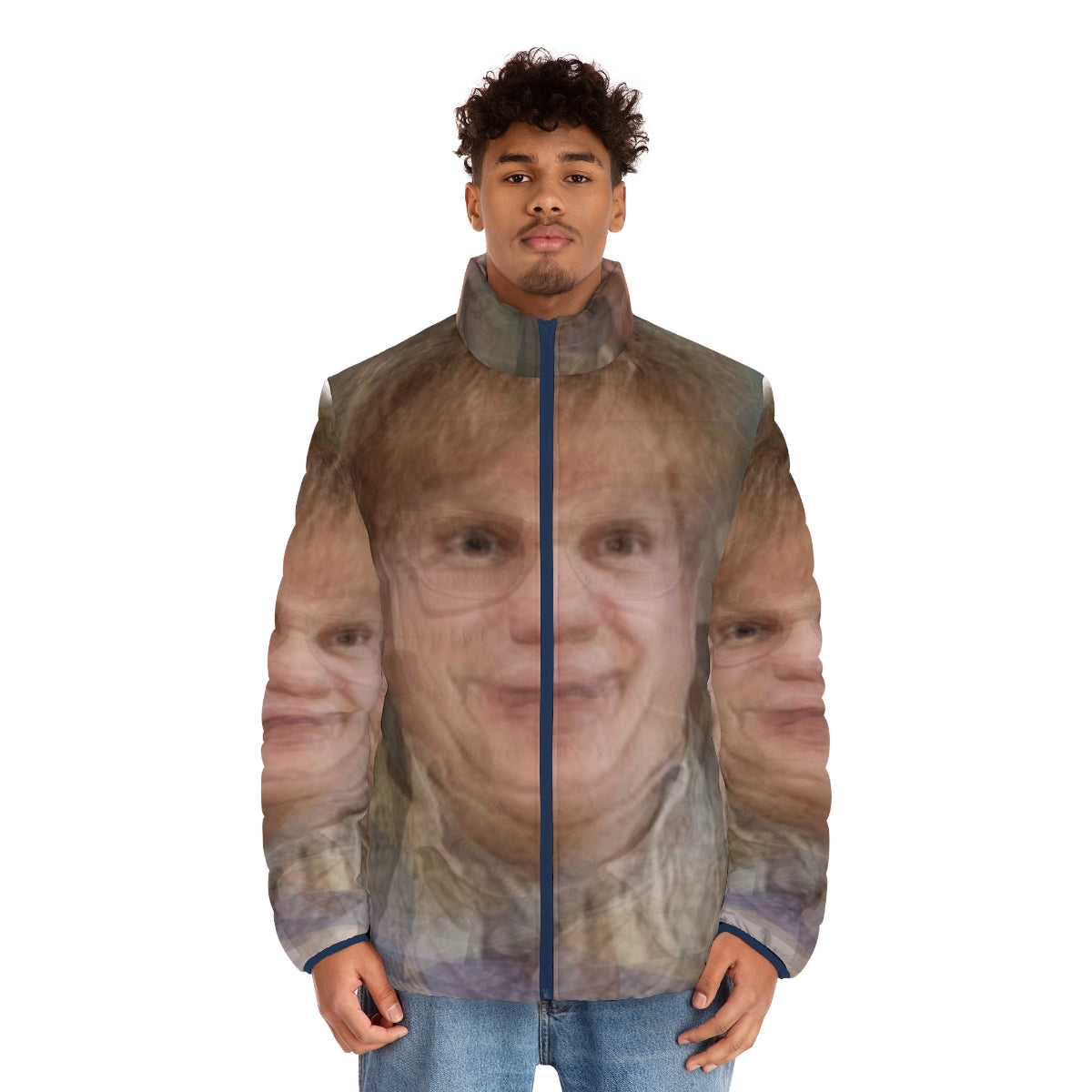 Chris Farley Portrait Puffer Jacket featuring experimental and abstract photographic overlay design - men front