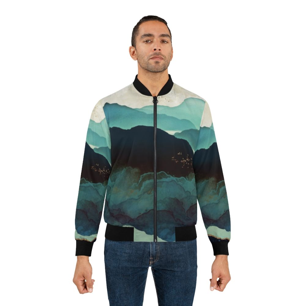 Indigo Mountains Bomber Jacket with abstract nature landscape design - Lifestyle