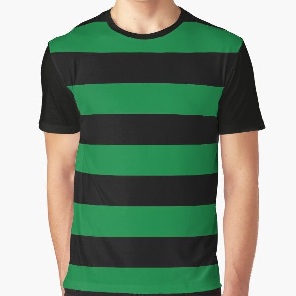 Striped green graphic t-shirt with horizontal lines