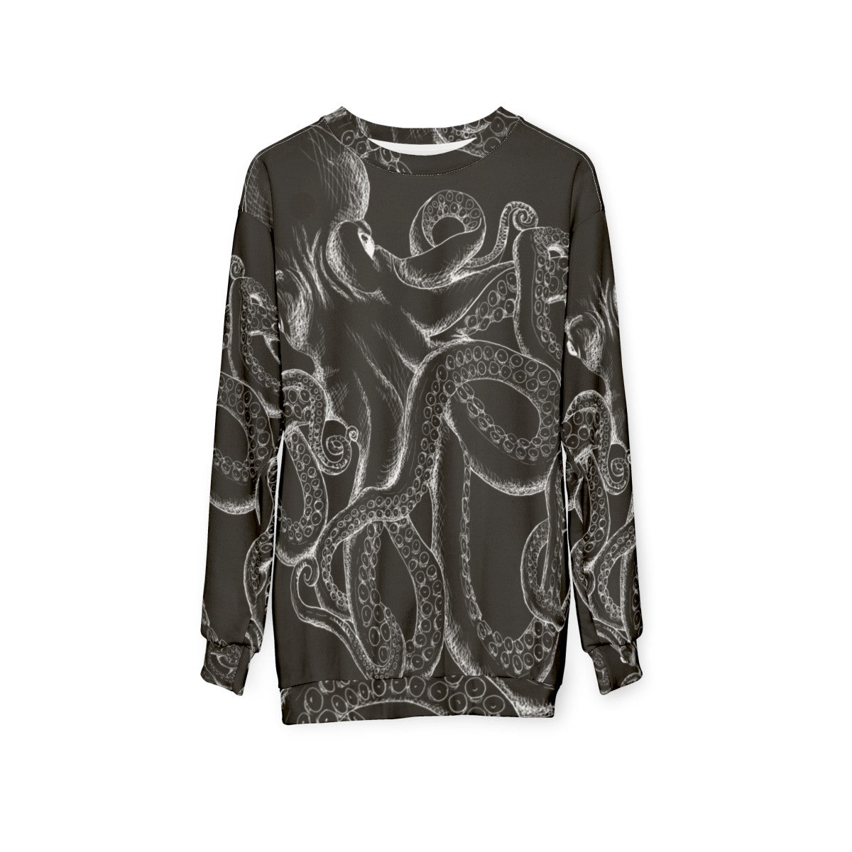 Octopus line art white on black sweatshirt - hanging