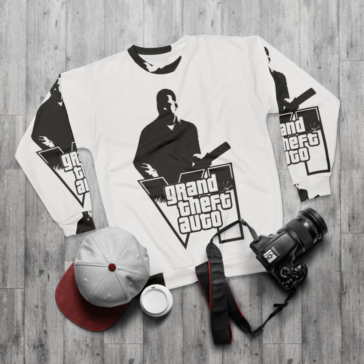 Grand Theft Auto themed sweatshirt with gaming graphics - flat lay