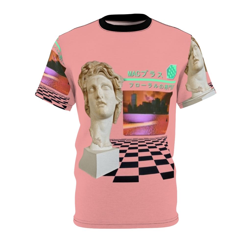 A retro-styled t-shirt featuring a Macintosh Plus-inspired vaporwave graphic design in a floral pattern.