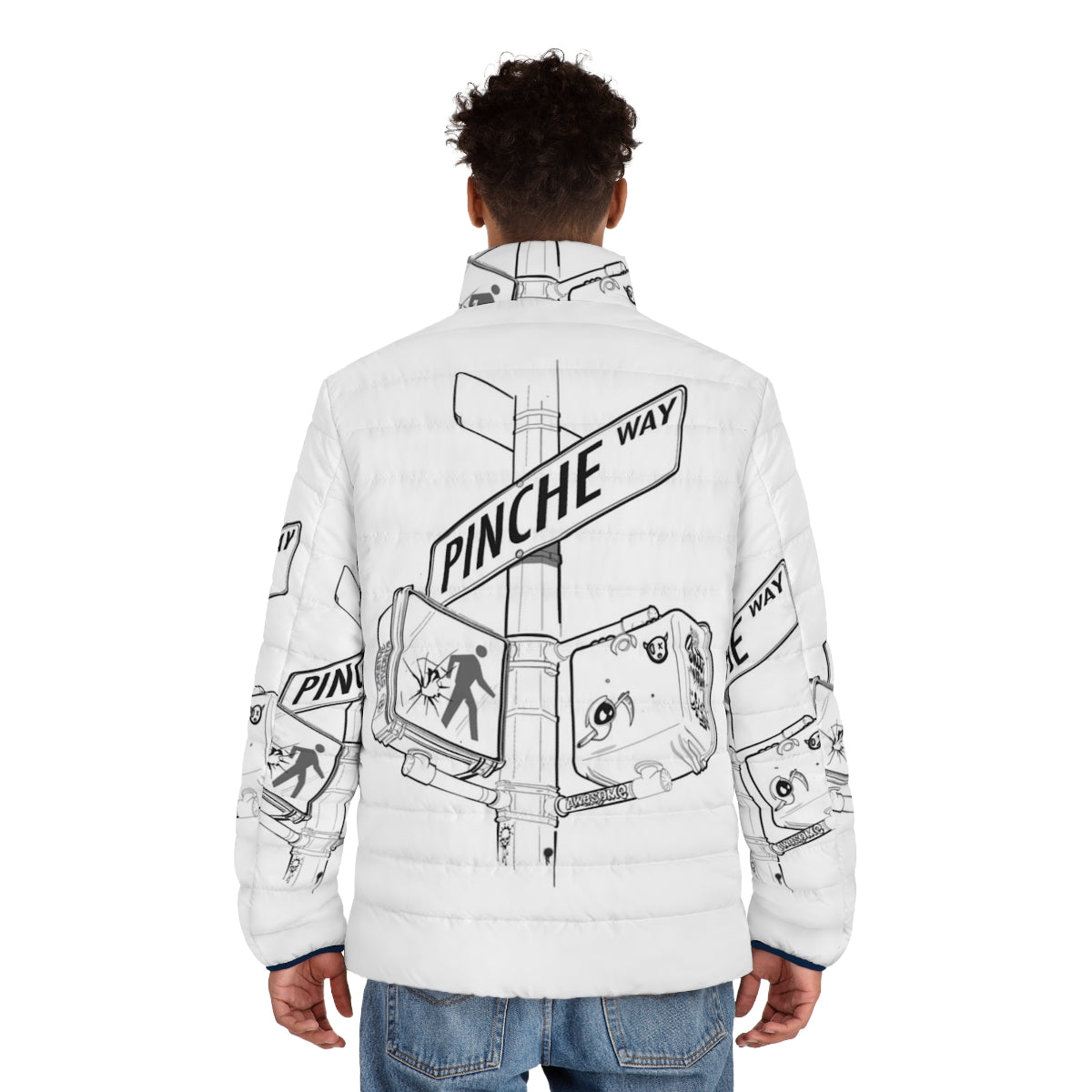 Pinche Way NY Street Sign Puffer Jacket featuring a vibrant street style design - men back