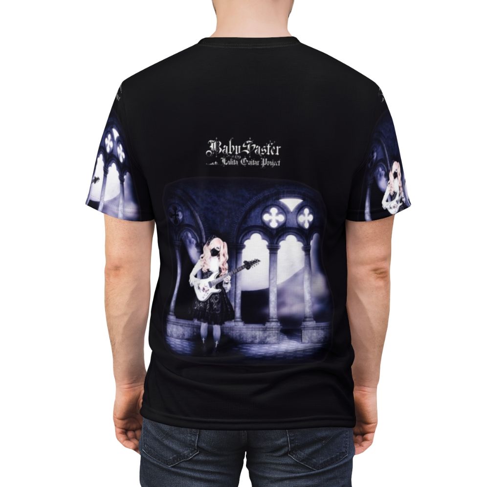 Stylish and eye-catching gothic lolita inspired t-shirt design featuring a guitar player - men back